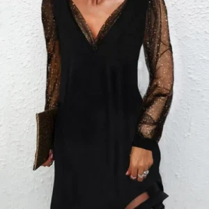 Sexy Deep V-neck Black Mesh Dresses For Women Fashion Sequins Long Sleeve Midi Dress 2024 Autumn Elegant Party Women's Dress