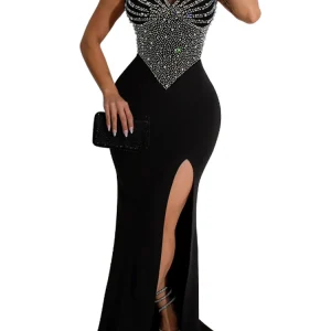 Women Sexy Mesh Patchwork Rhinestone Beads Floor Length Mermaid Party Dress