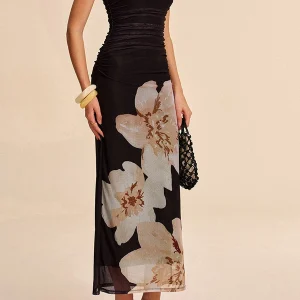 Women Floral Print Maxi Dress Sexy Off Shoulder Sleeveless Backless Evening Gown Summer Beach Party Dress