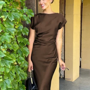 Clacive Summer Slim Brown Satin Women's Dress 2024 Bodycon O-Neck Sleeveless Ankle Length Dresses Elegant Classic Female Dress